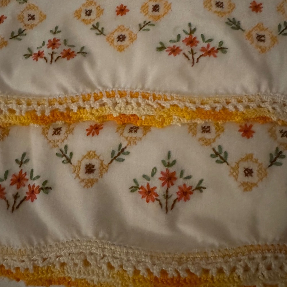 Vintage Hand Embroidered Floral Pillowcases Crochet Trim Orange Yellow Set of 2